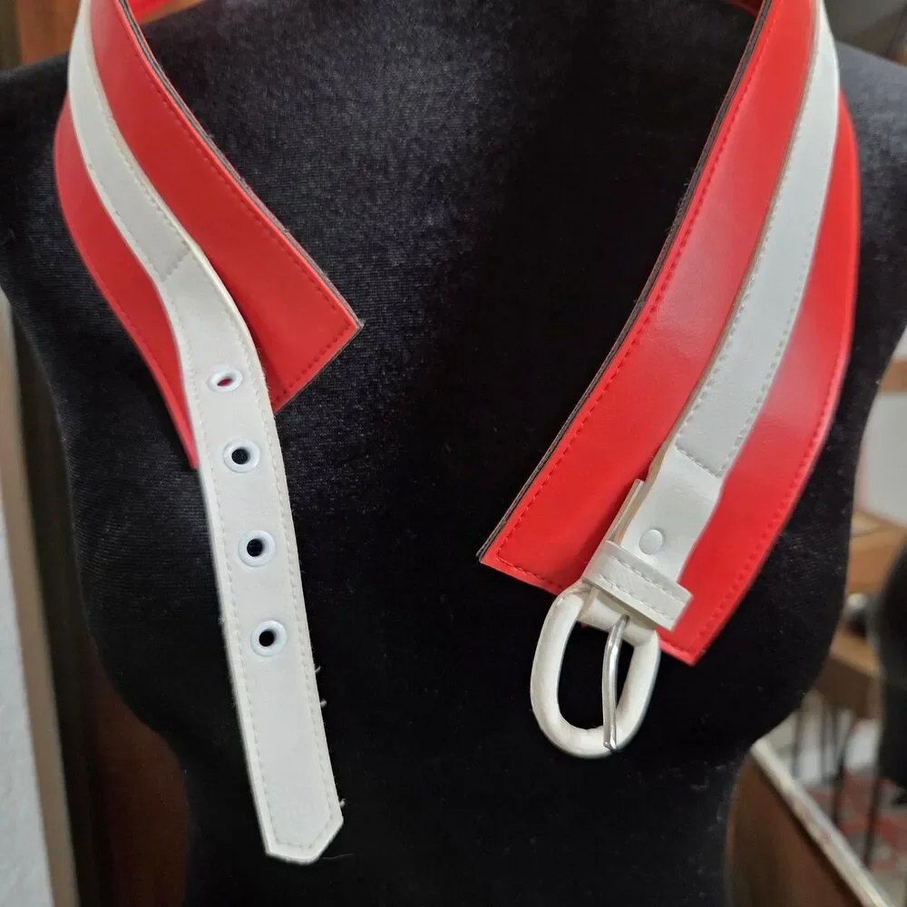 Belt Womens Size 10 Red White Colorblock Wide Waist Faux Leather Buckle Retro